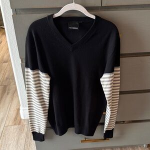 Black and White Striped Women's V-Neck wool Sweater